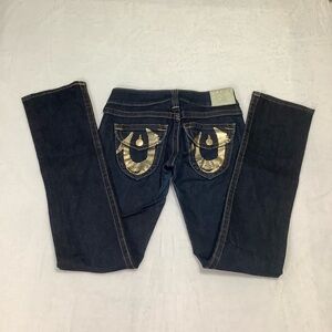 True Religion Women’s Billy Straight Leg Gold Emblem Jeans Size 25 Dark Wash